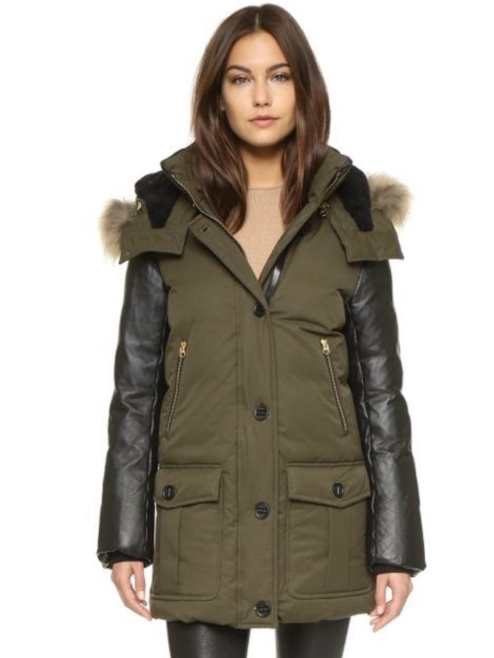 Mackage Olive Green Parka with Black Leather Sleeves and Fur Hood